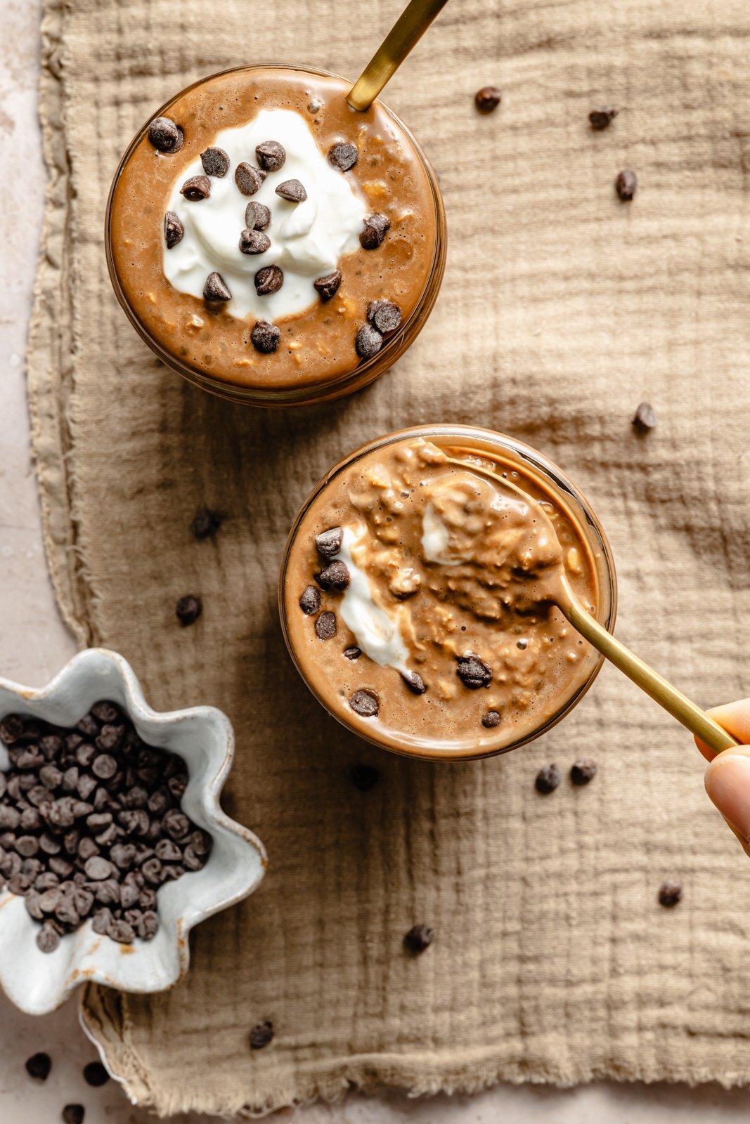 top-down view of two jars of coffee overnight oats
