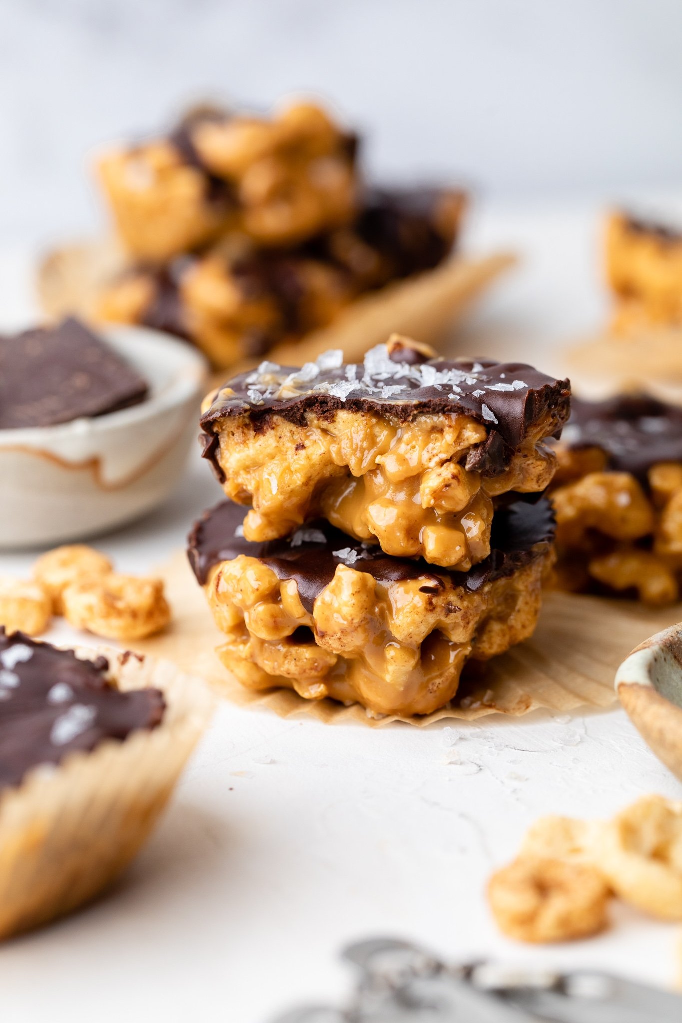 two peanut butter cereal cups in a stack