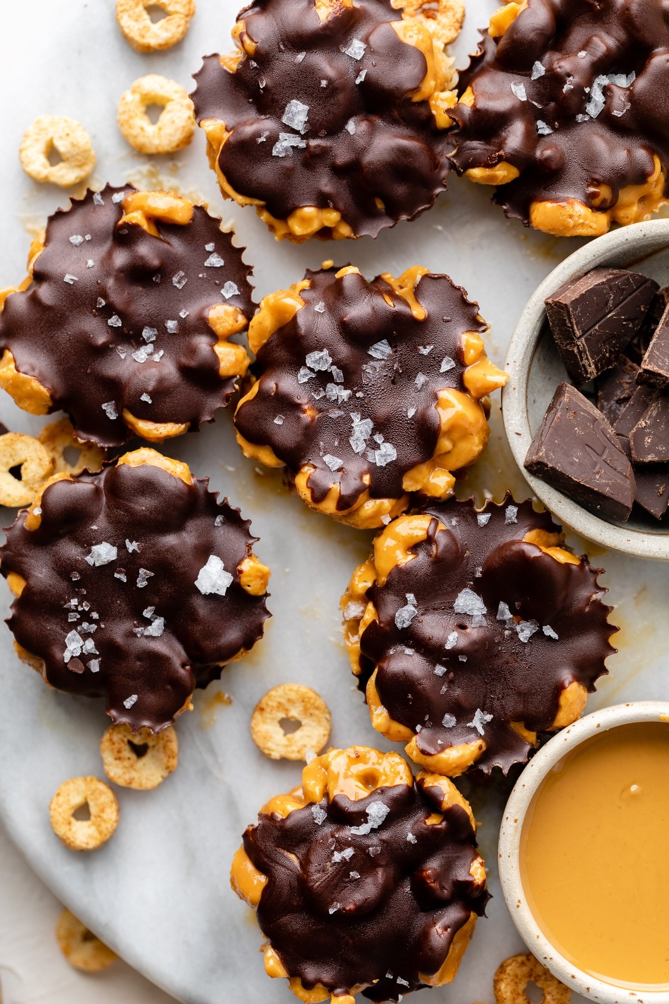 peanut butter cereal cups on a marble board